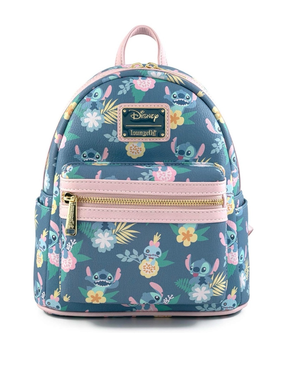 Loungefly Blue Floral Stitch Mini Backpack with Pink Trim